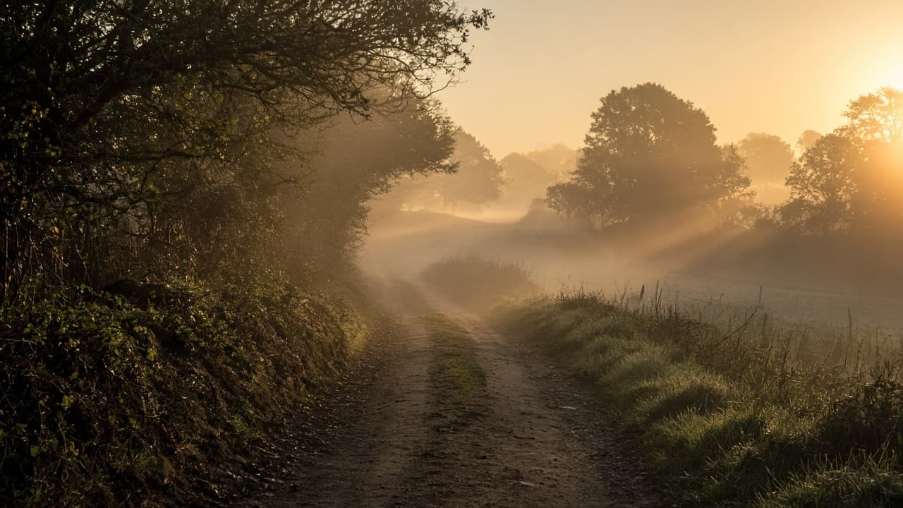 Quiet countryside path in soft mist at golden hour
