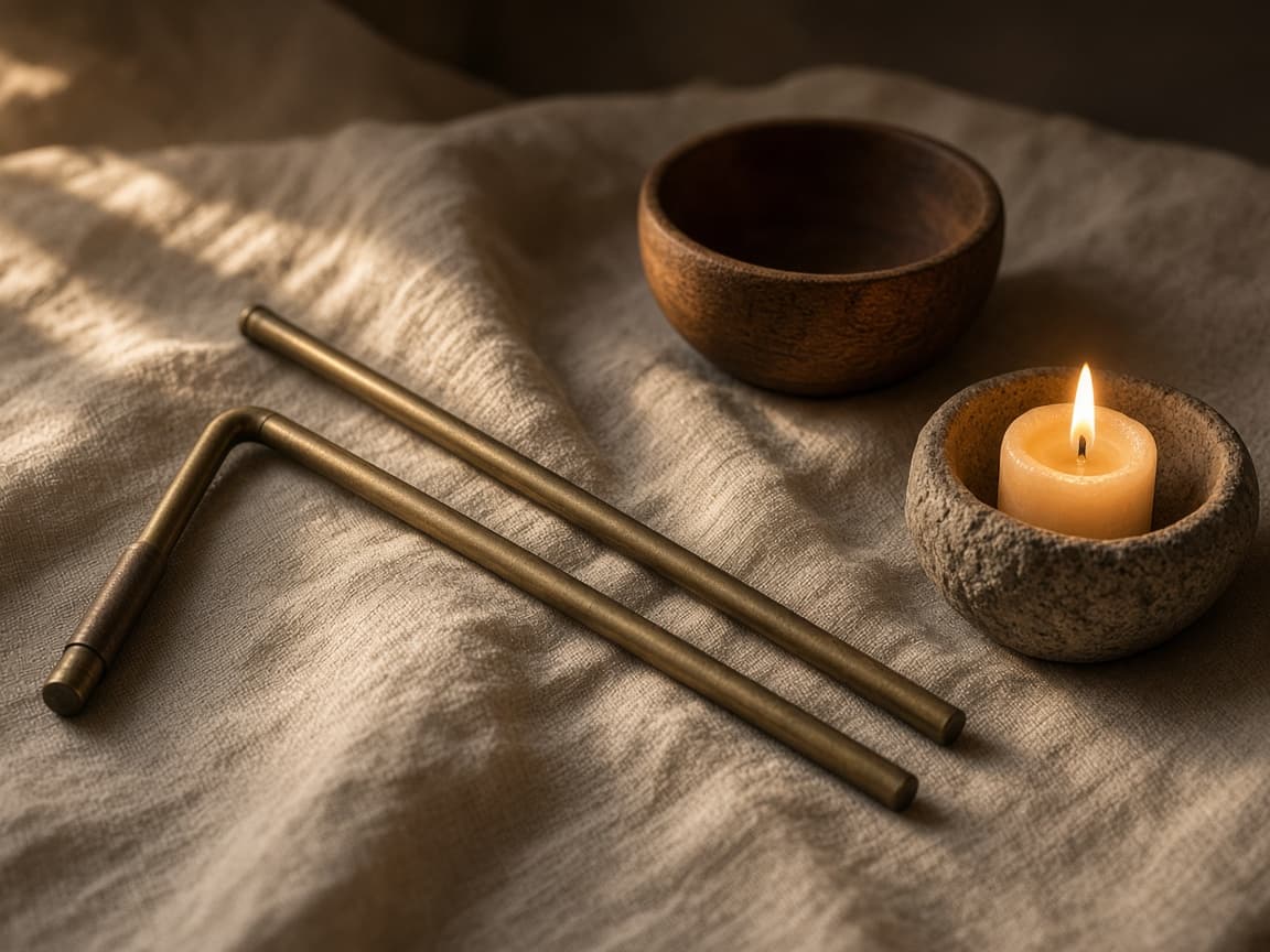 Antique brass dowsing rods resting on soft linen beside a candle