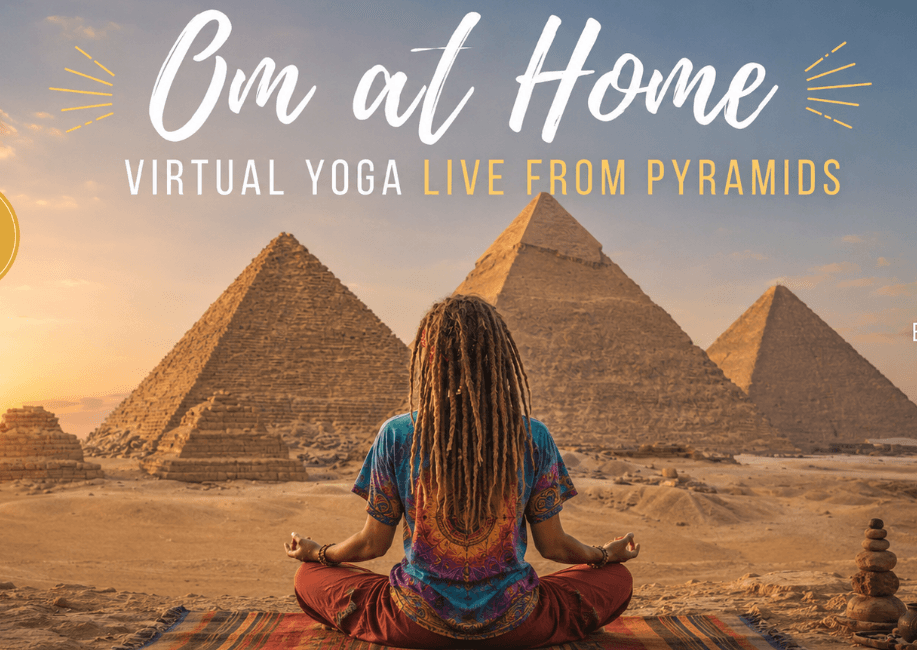 Fillie Faragi leading virtual yoga live from the Giza Pyramids