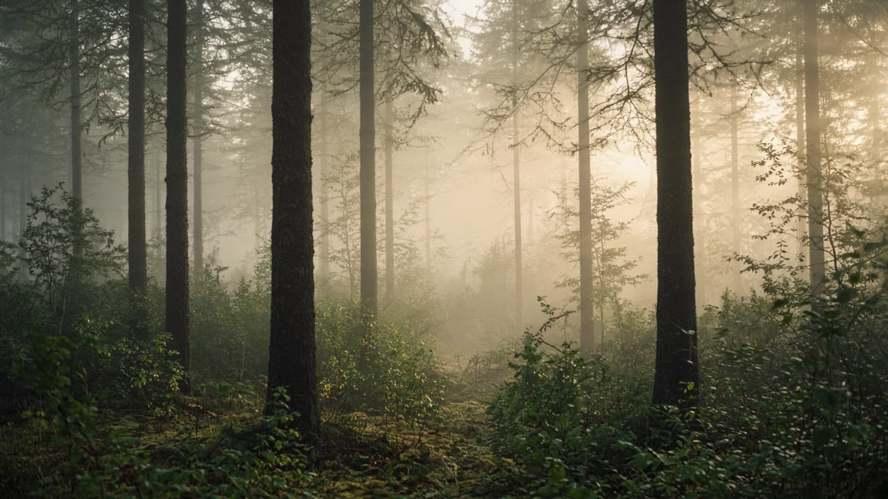 Soft misty forest light filtering through tall trees at dawn