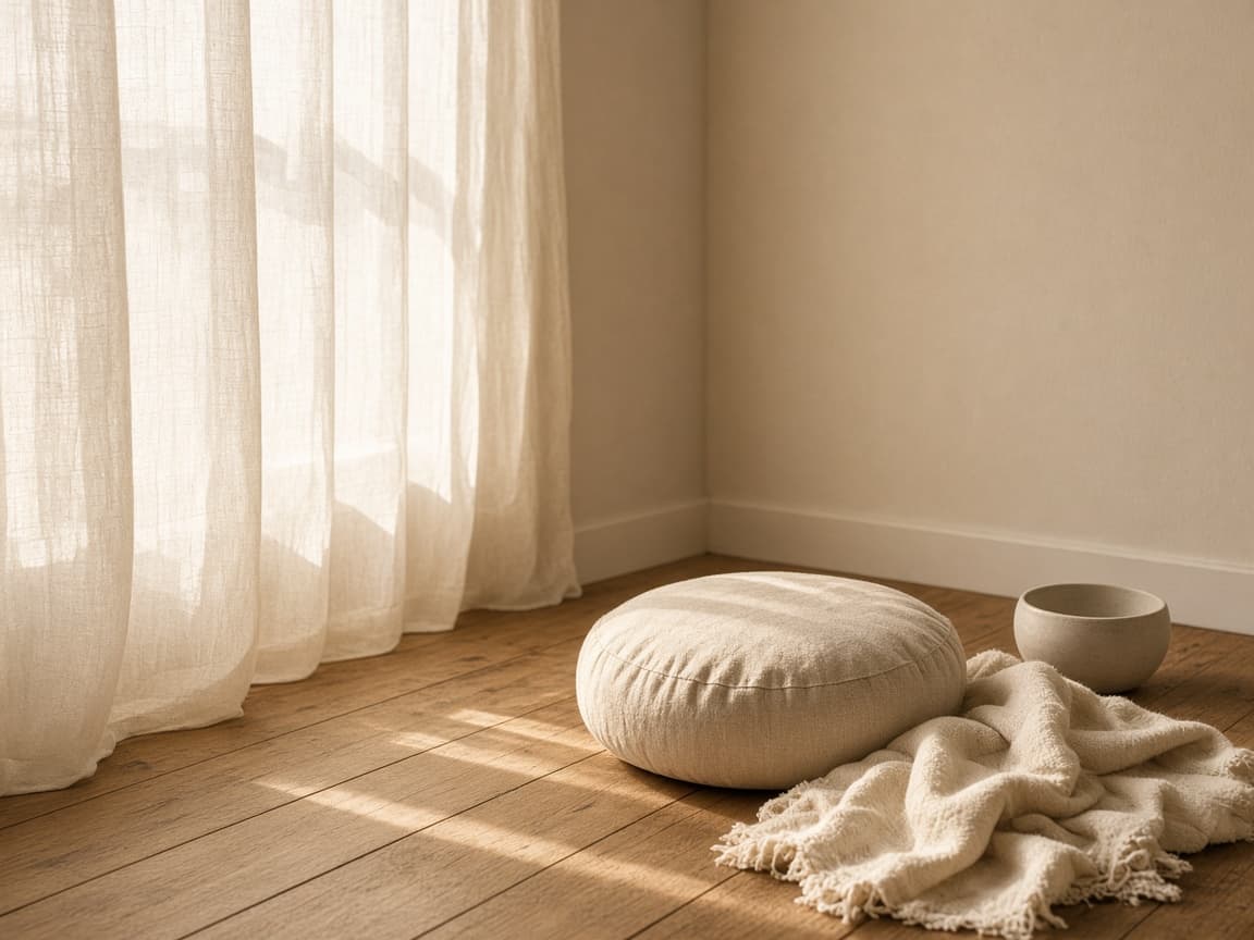 Quiet corner with a meditation cushion, soft morning light, and a simple ceramic bowl